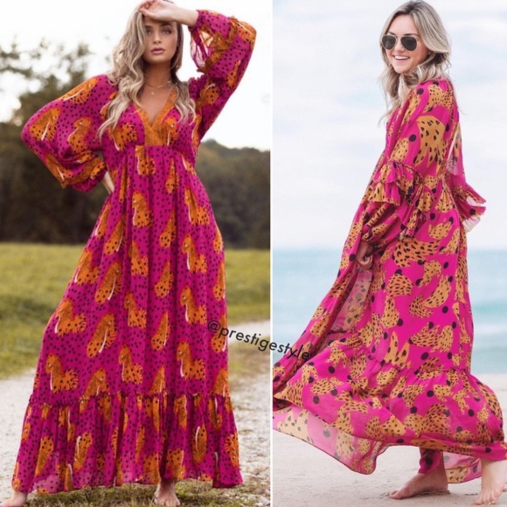Anthropologie Fuchsia and tan Floral cheetah Maxi Dress